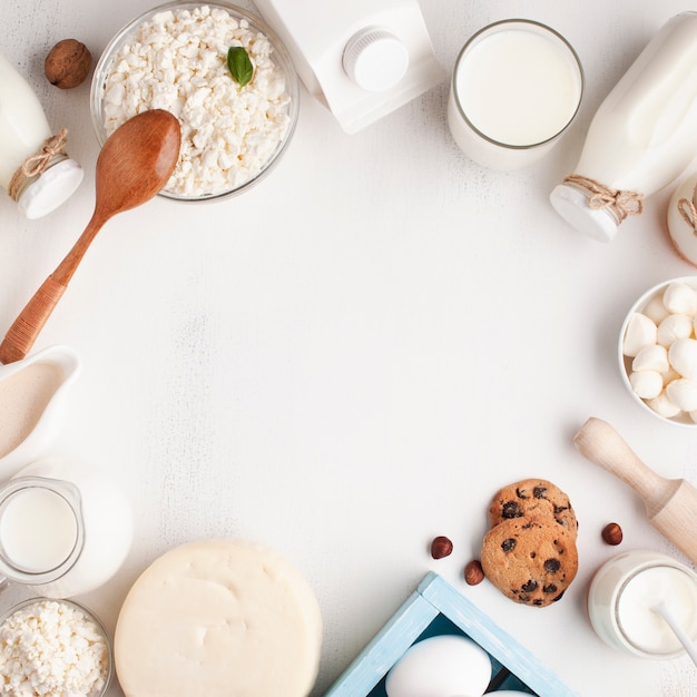 Dairy products frame on white background