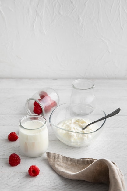 Dairy products and raspberries arrangement