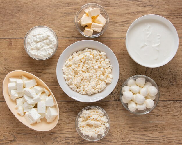 Dairy products on wooden background