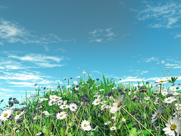 Foto gratuita il rendering 3d di margherite in erba contro un cielo blu