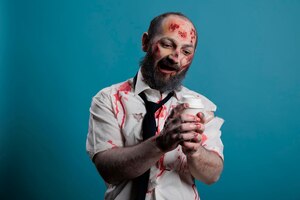 dangerous zombie looking at cup of coffee, wanting to dirnk beverage and being aggressive in studio. scary evil monster holding cup and having bloody wounds, apocalyptic eerie devil.