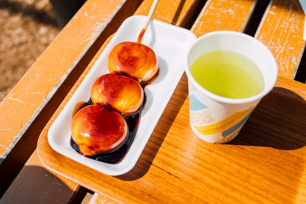 dango and tea cup sweet dessert of Japan