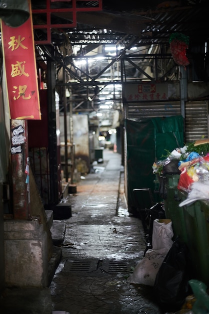 Dark alley with rubbish bins