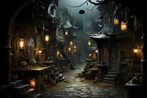 Free photo dark art style fantasy city with lanterns and houses