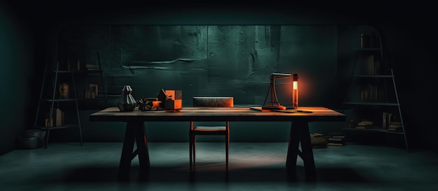 Бесплатное фото Темная стена с пустым столом