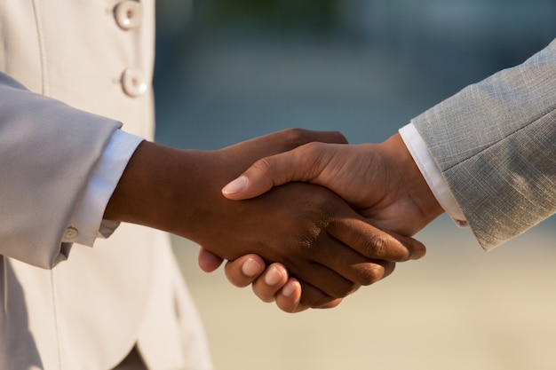 Dark businesswoman shaking hands with male colleague