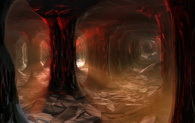 柱と光線が入った暗い洞窟 3 Dイラスト プレミアム写真