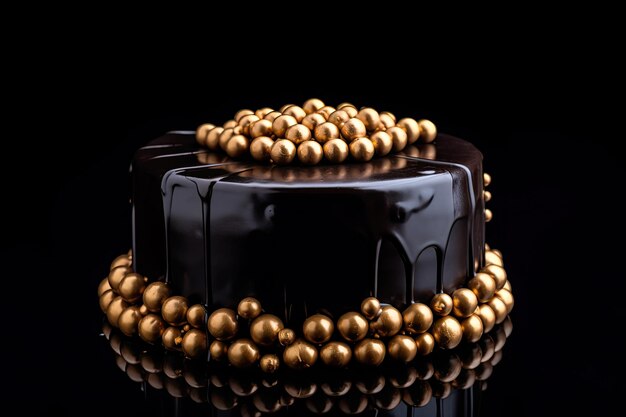 검정색 배경 Ai 생성에 황금 공으로 장식된 다크 초콜릿 케이크