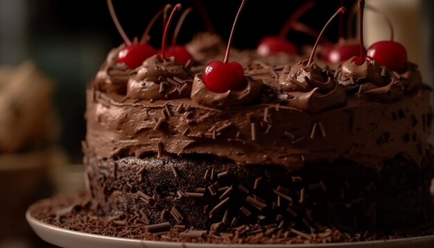 Dark chocolate dessert plate with berry decoration generated by AI