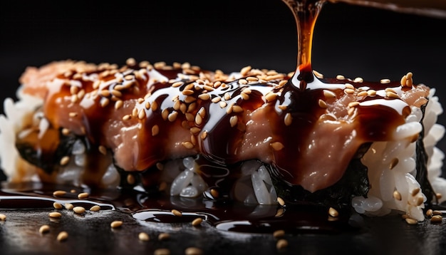 Бесплатное фото Кусочек помадки из темного шоколада с карамельным сиропом, созданный искусственным интеллектом