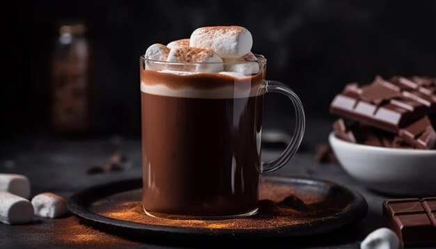 Dark chocolate milkshake marshmallow decoration rustic table generated by AI