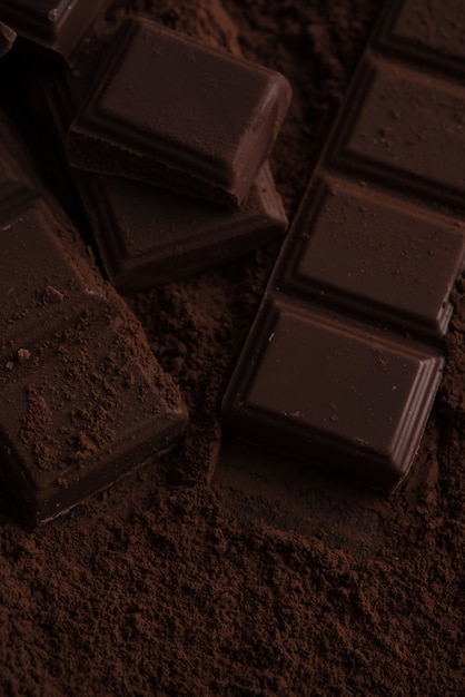 Кусочки плитки темного шоколада в шоколадной пудре