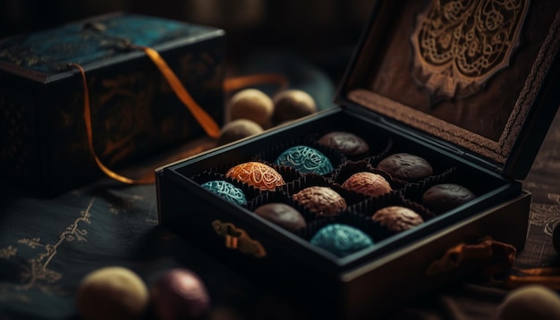 Бесплатное фото Коробка с трюфелями из темного шоколада — лакомство для гурманов, созданное искусственным интеллектом