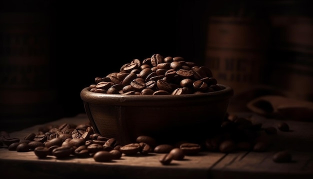 무료 사진 나무 테이블 위에 있는 어두운 커피 콩 음료 인공지능에 의해 생성된 카페인 신선함의 클로즈업