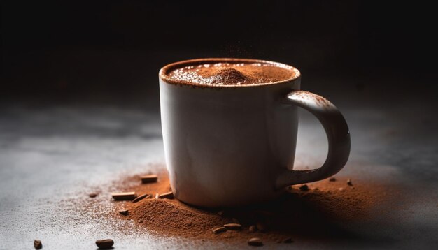 Dark coffee in rustic wood cup saucer generated by AI