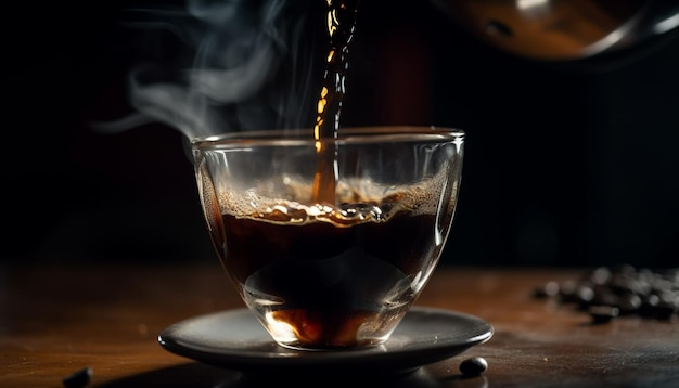 AI が生成した泡立つカプチーノから濃いコーヒーの蒸気が立ち上る