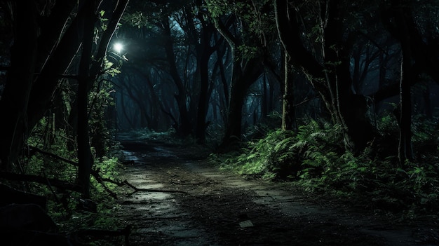 Free photo dark forest scene with a clear path among the trees