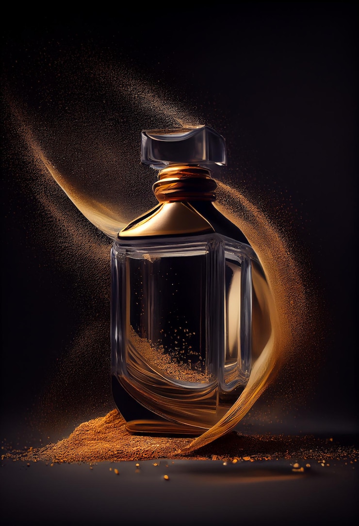 Free Photo dark glass bottle with single liquid drop generative ai