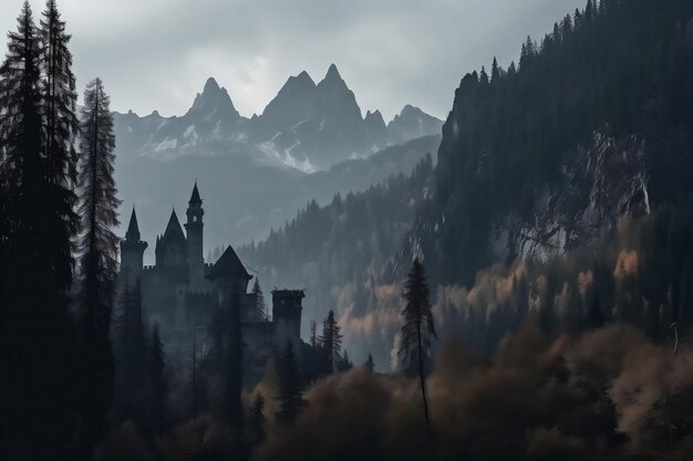 Dark gothic castle in valley and rocky mountains on background generative ai