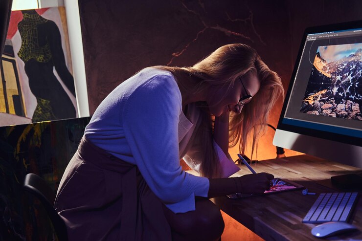 Free Photo in the dark home office young businesswoman is working on her new project.
