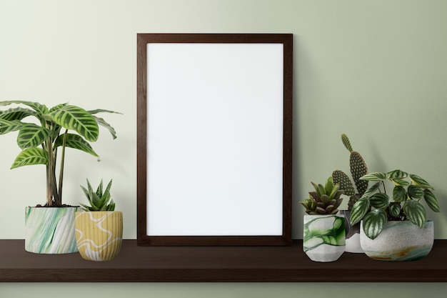 Dark modern picture frame on a shelf with plants