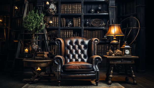 Бесплатное фото Темная старомодная гостиная с антикварной мебелью и элегантным декором, созданным искусственным интеллектом.