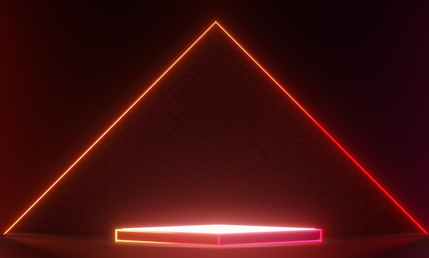 어두운 연단은 검은색 테마의 삼각형 조명 프레임 금속 벽이 있는 네온 레이저 빨간색 분홍색 조명을 표시합니다. 3d 그림 렌더링입니다.