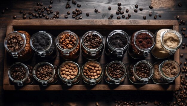 AIが生成した木製グラインダーに深煎りのコーヒー豆が詰められます
