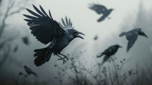 Free photo dark scene of crows outdoors