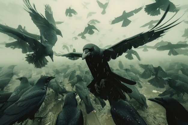 Dark scene of crows outdoors