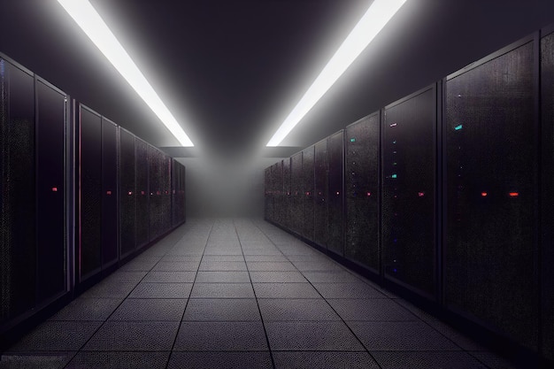 Бесплатное фото Темные серверные стойки в компьютерной сети, серверная комната, центр обработки данных, генеративный ии