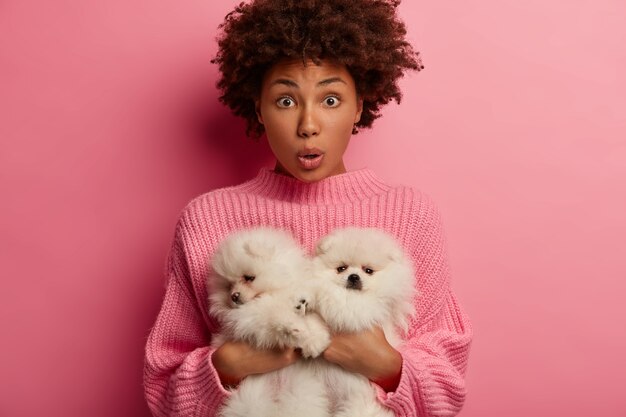 dark skinned lady looks in shock, being scared and excited as pets have serious disease, stupefied to find stray animals on street, isolated over pink wall