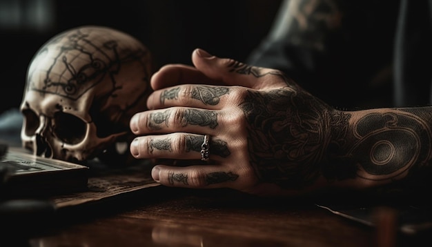 無料写真 ai によって生成された暗いタトゥーの手は不気味なハロウィーンの装飾をデザインします