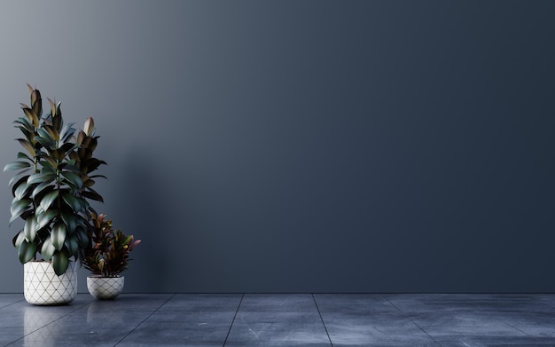 Dark wall empty room with plants on a floor,3d rendering