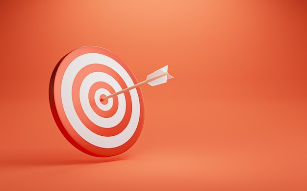 Дартс со стрелкой на красном фоне для символа настройки бизнес-цели и концепции достижения цели с помощью 3d рендеринга