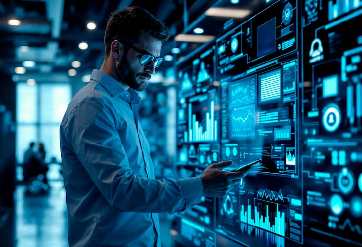 Free Photo data analyst working with futuristic interface