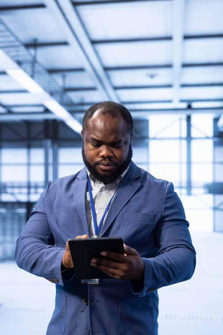 Free Photo data center technician ensuring safety and security of database using tablet