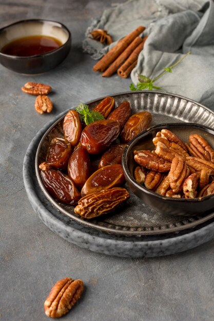 Dates and nuts arrangement high angle