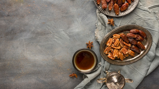 Dates and nuts arrangement top view