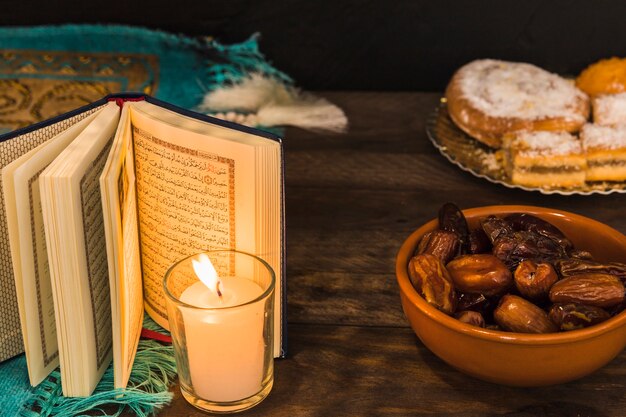 Dates and pastry near burning candle and opened book