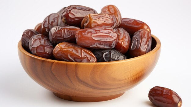 Dates in a wooden bowl on a white background