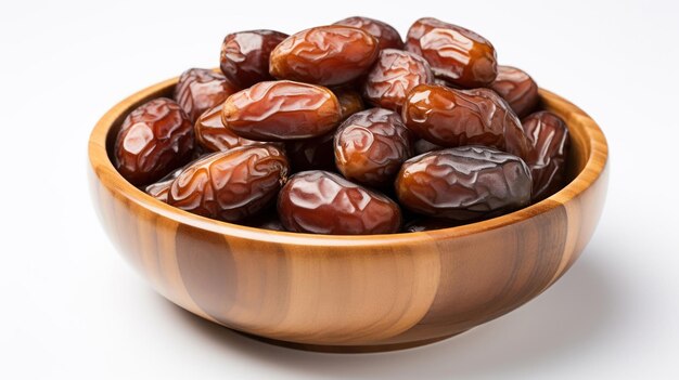 Dates in a wooden bowl on a white background