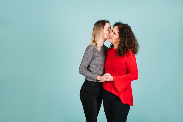 Daughter kissing mother