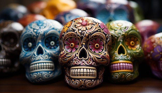 Free photo day of the dead celebration colorful masks ancient traditions spooky decorations generated by artificial intelligence