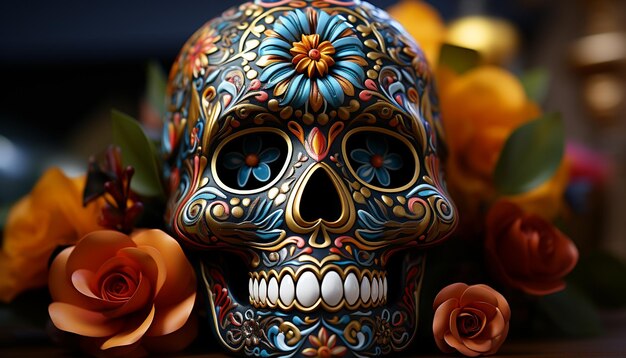 Free photo day of the dead celebration colorful skulls and flowers generated by artificial intelligence