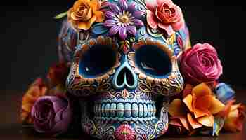 Free photo day of the dead celebration colorful skulls and flowers generated by artificial intelligence