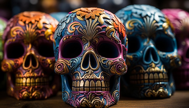 Free photo day of the dead celebration colorful skulls symbolize tradition generated by artificial intelligence