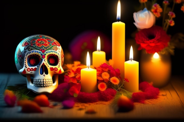 Day of the dead skull and candles