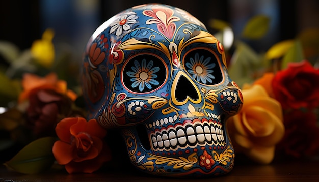 무료 사진 망자의 날(day of the dead)을 기념하는 화려한 해골은 인공지능이 생성한 멕시코 문화를 상징합니다.