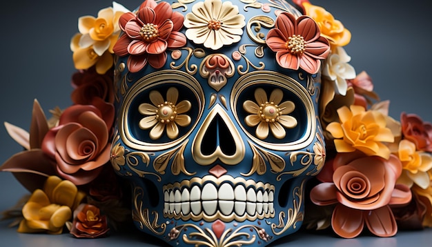 무료 사진 망자의 날(day of the dead)을 기념하는 화려한 해골은 인공지능이 생성한 멕시코 문화를 상징합니다.
